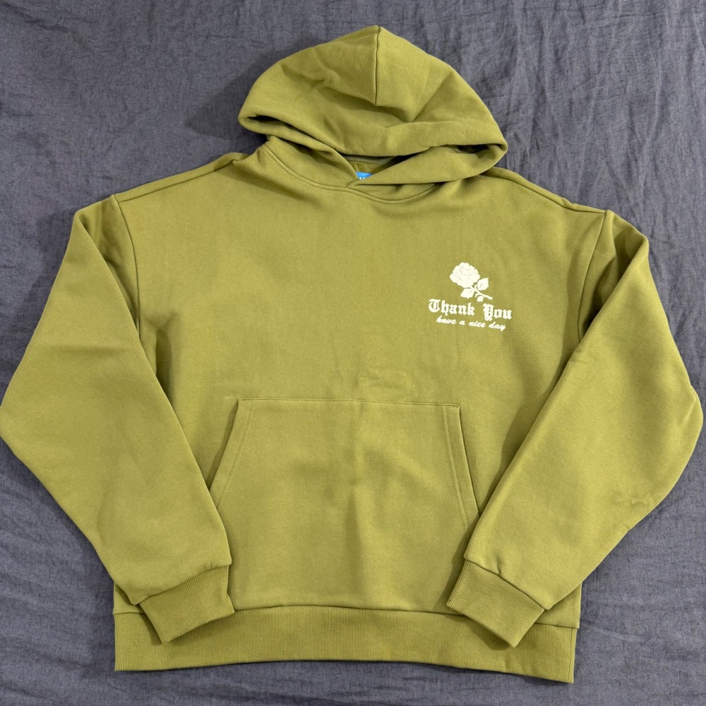 Market Hoodie Large Khaki Green Thank You Rose Graphic Streetwear Sweatshirt